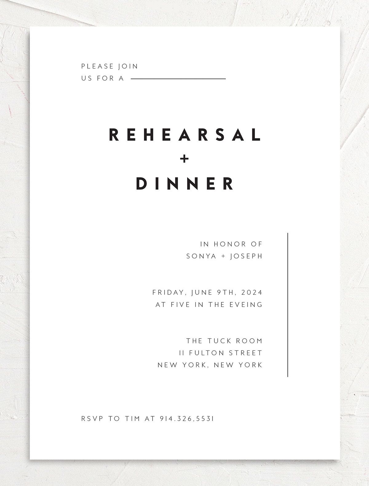 Contemporary Grace Rehearsal Dinner Invitations front in Pure White