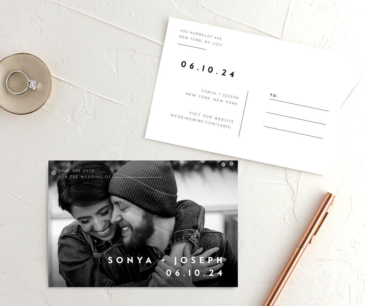 Contemporary Grace Save the Date Postcards front-and-back in Pure White