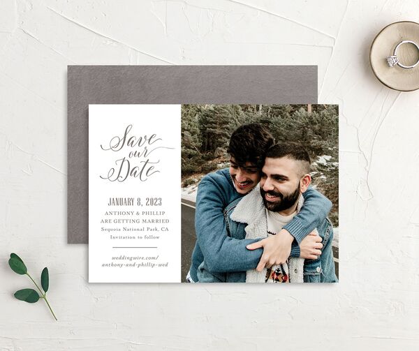 Playful Evergreen Save the Date Cards front-and-back in Walnut