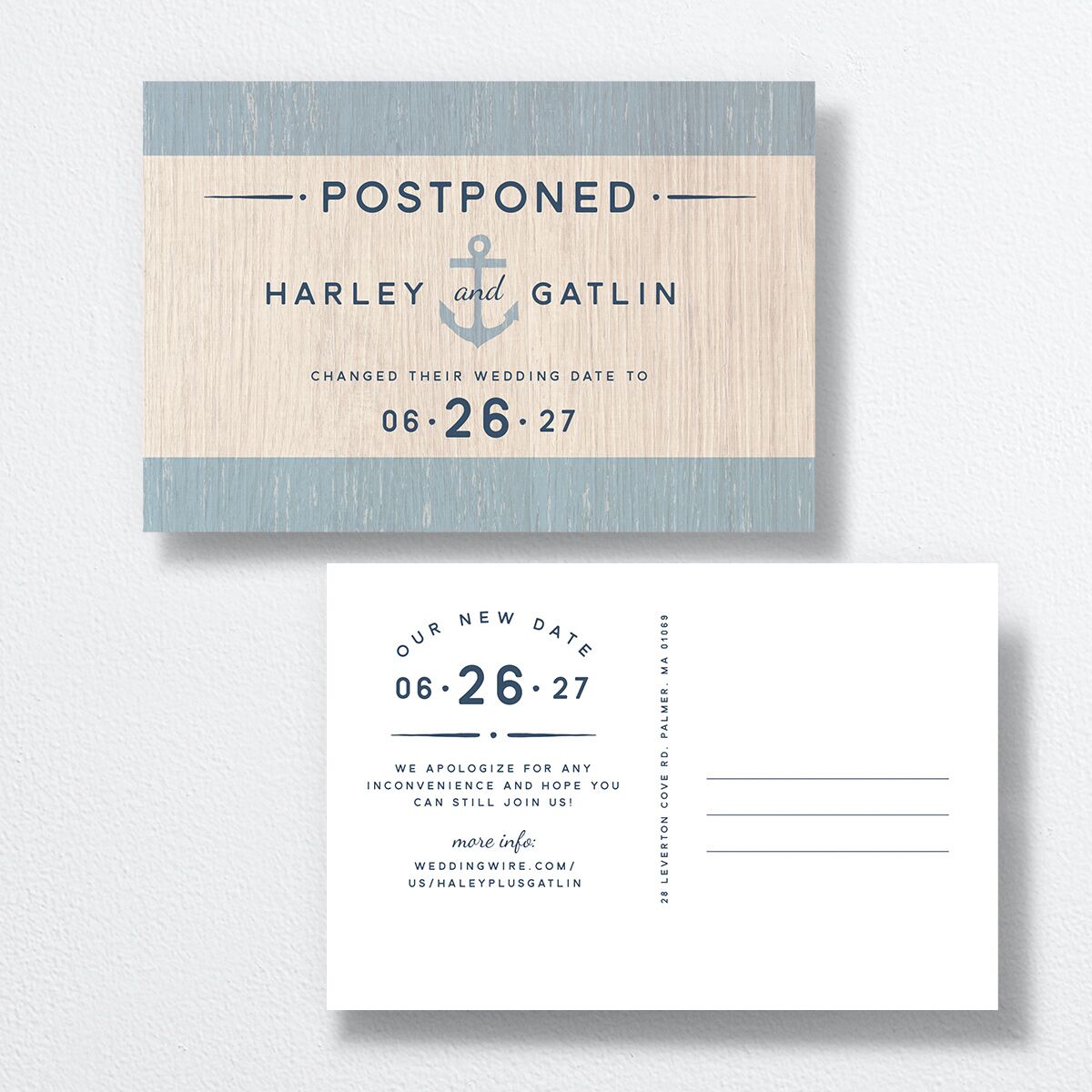 Rustic Seaside Change the Date Postcards front-and-back in French Blue