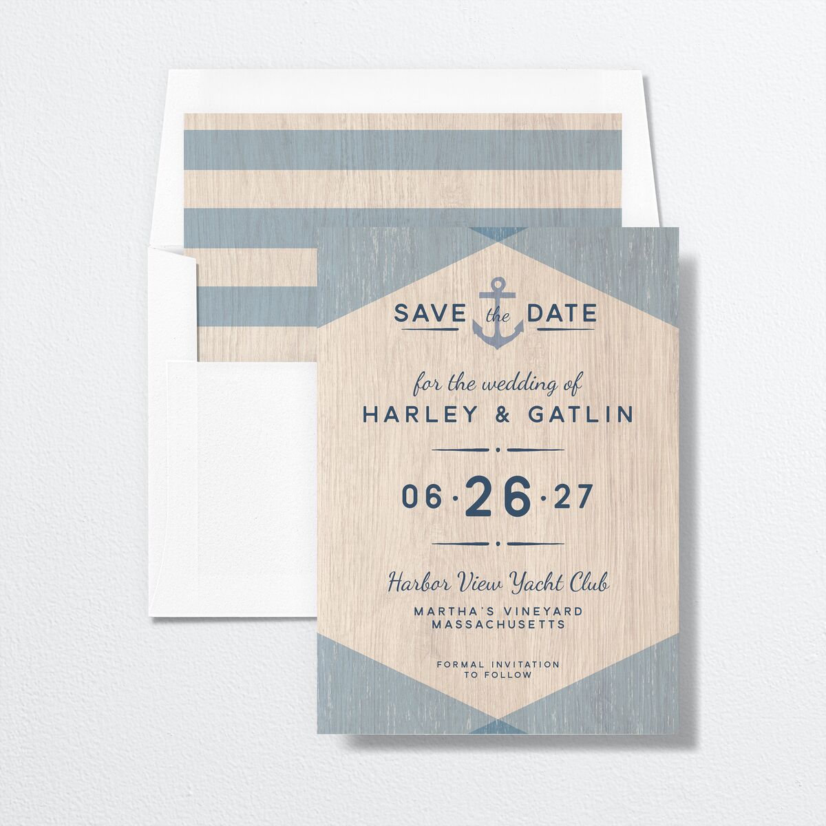 Rustic Seaside Save the Date Cards envelope-and-liner in French Blue