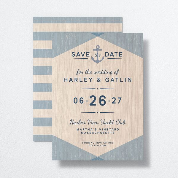Rustic Seaside Save the Date Cards front-and-back in French Blue