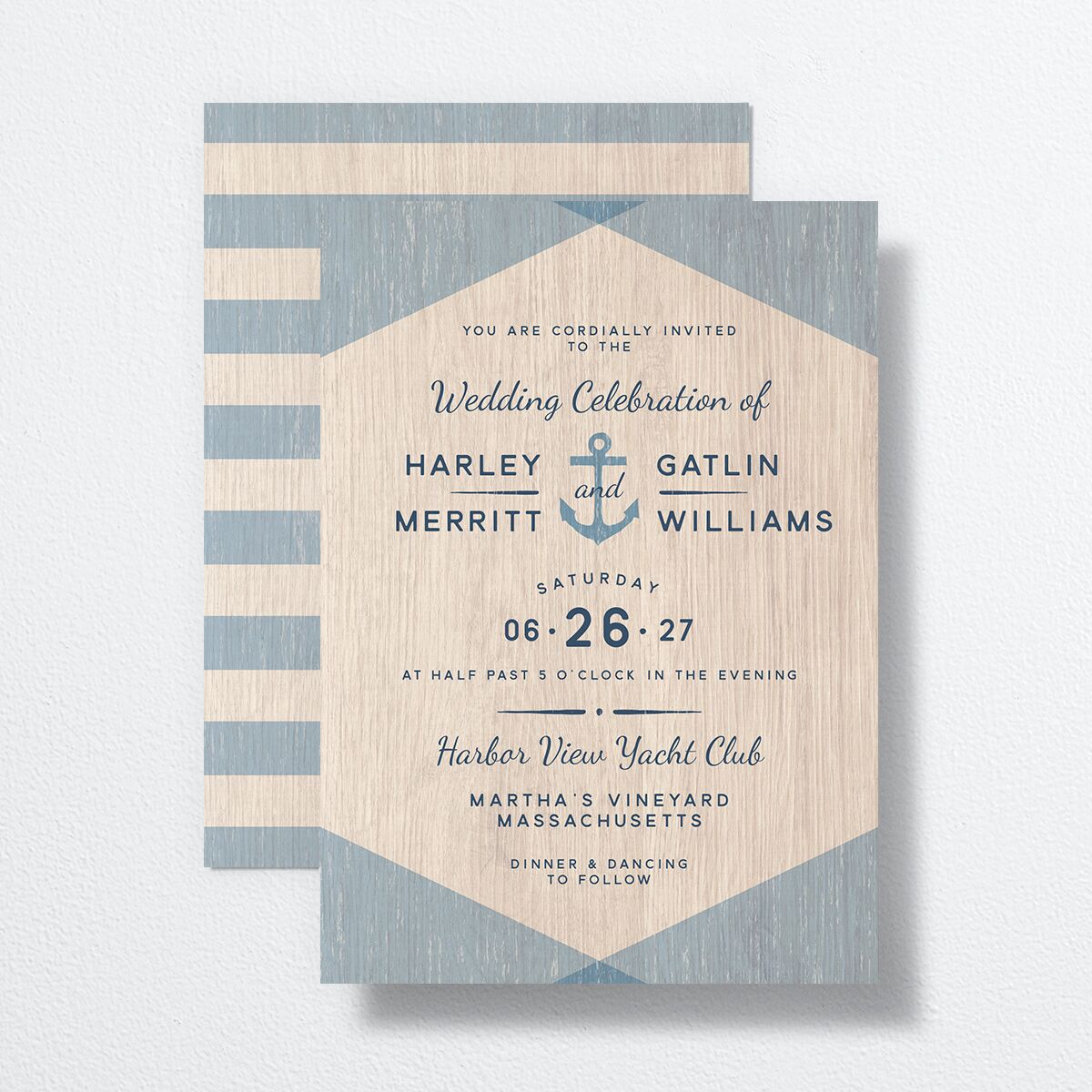 Rustic Seaside Wedding Invitations front-and-back in French Blue