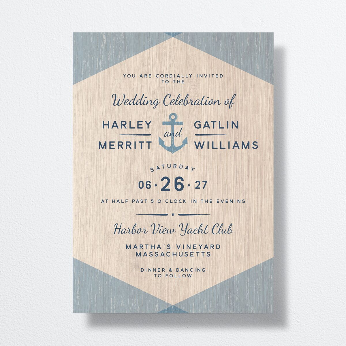 Rustic Seaside Wedding Invitations front in Blue