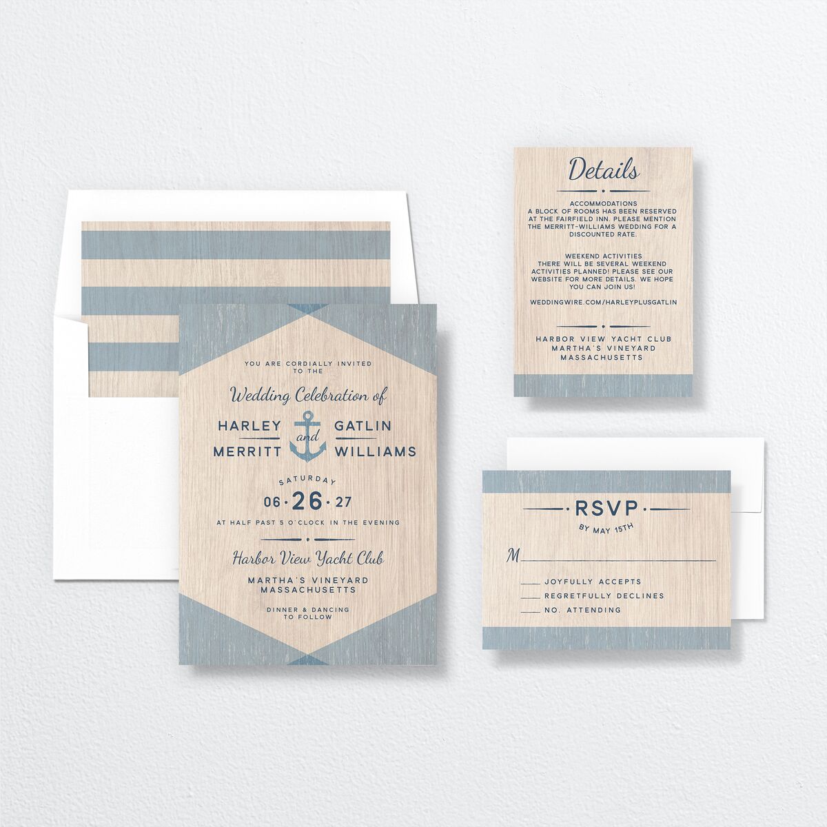 Rustic Seaside Wedding Invitations suite in French Blue