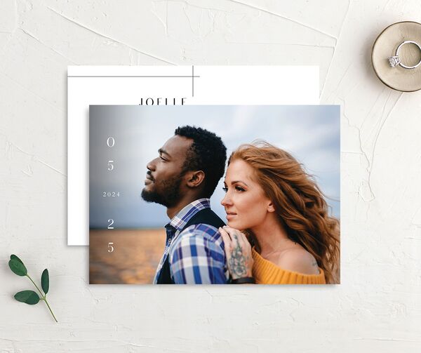 Minimal Lines Save the Date Cards front-and-back in Pure White