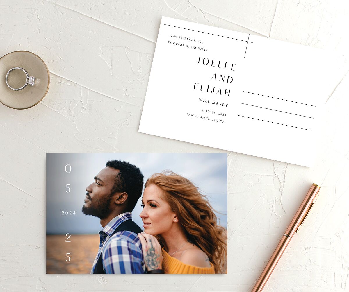 Minimal Lines Save the Date Postcards front-and-back in Pure White