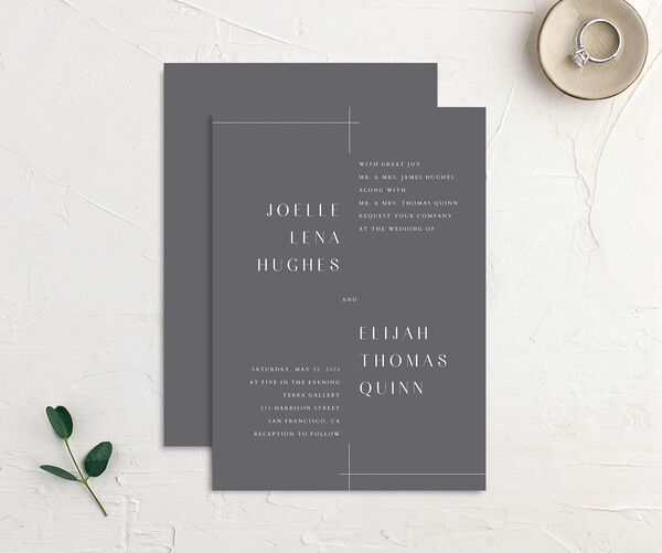 Minimal Lines Wedding Invitations front-and-back in Silver