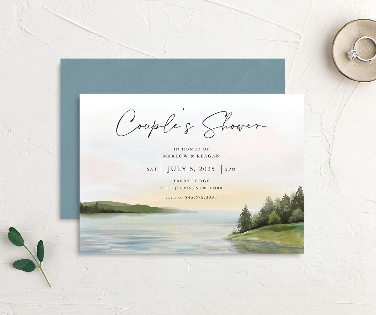 Lakeside Tranquility Bridal Shower Invitations front-and-back in French Blue