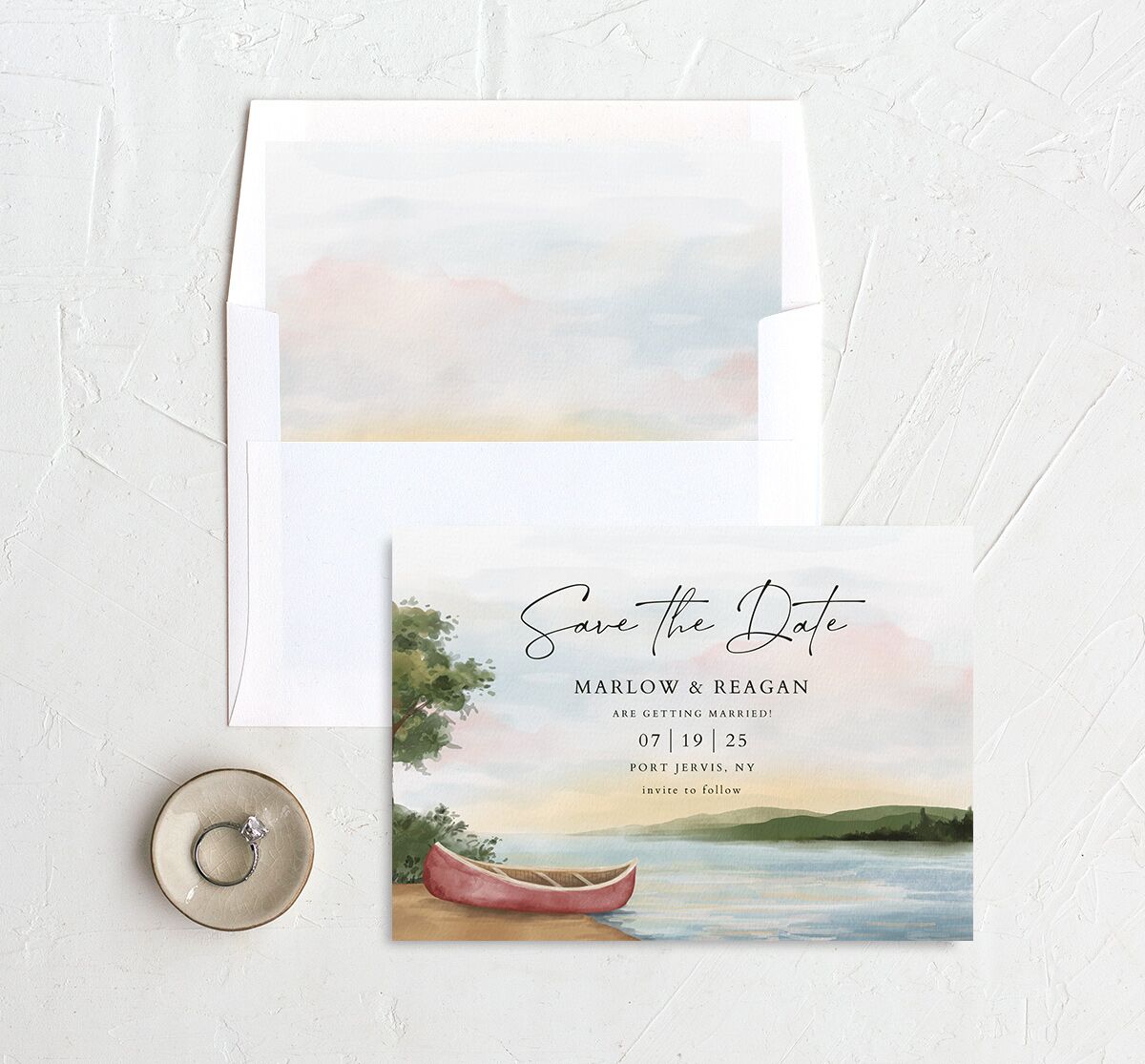 Lakeside Tranquility Save the Date Cards envelope-and-liner in French Blue