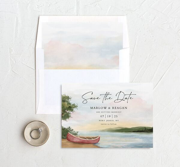 Lakeside Tranquility Save the Date Cards envelope-and-liner in French Blue