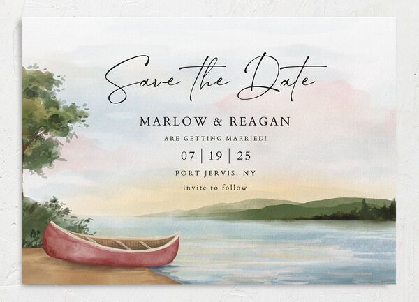 Lakeside Tranquility Save the Date Cards front in French Blue
