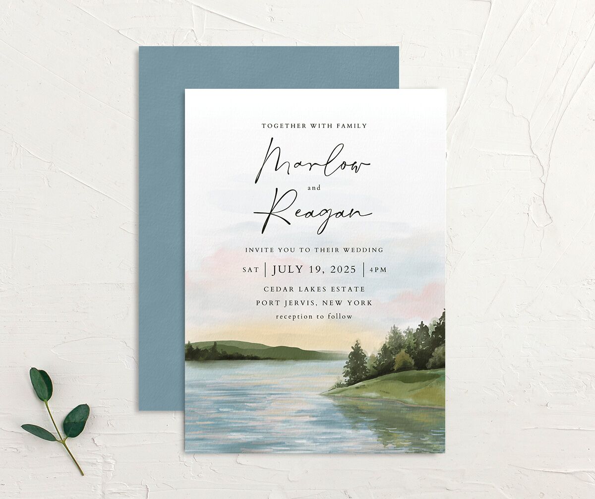 Lakeside Tranquility Wedding Invitations front-and-back in French Blue