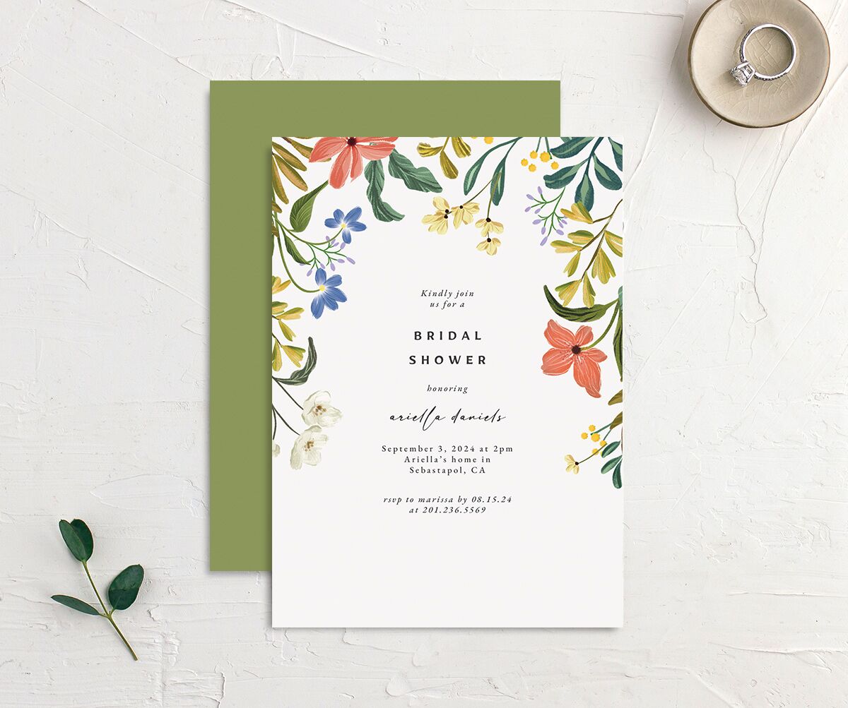 Traditional Blooms Bridal Shower Invitations front-and-back in Ruby