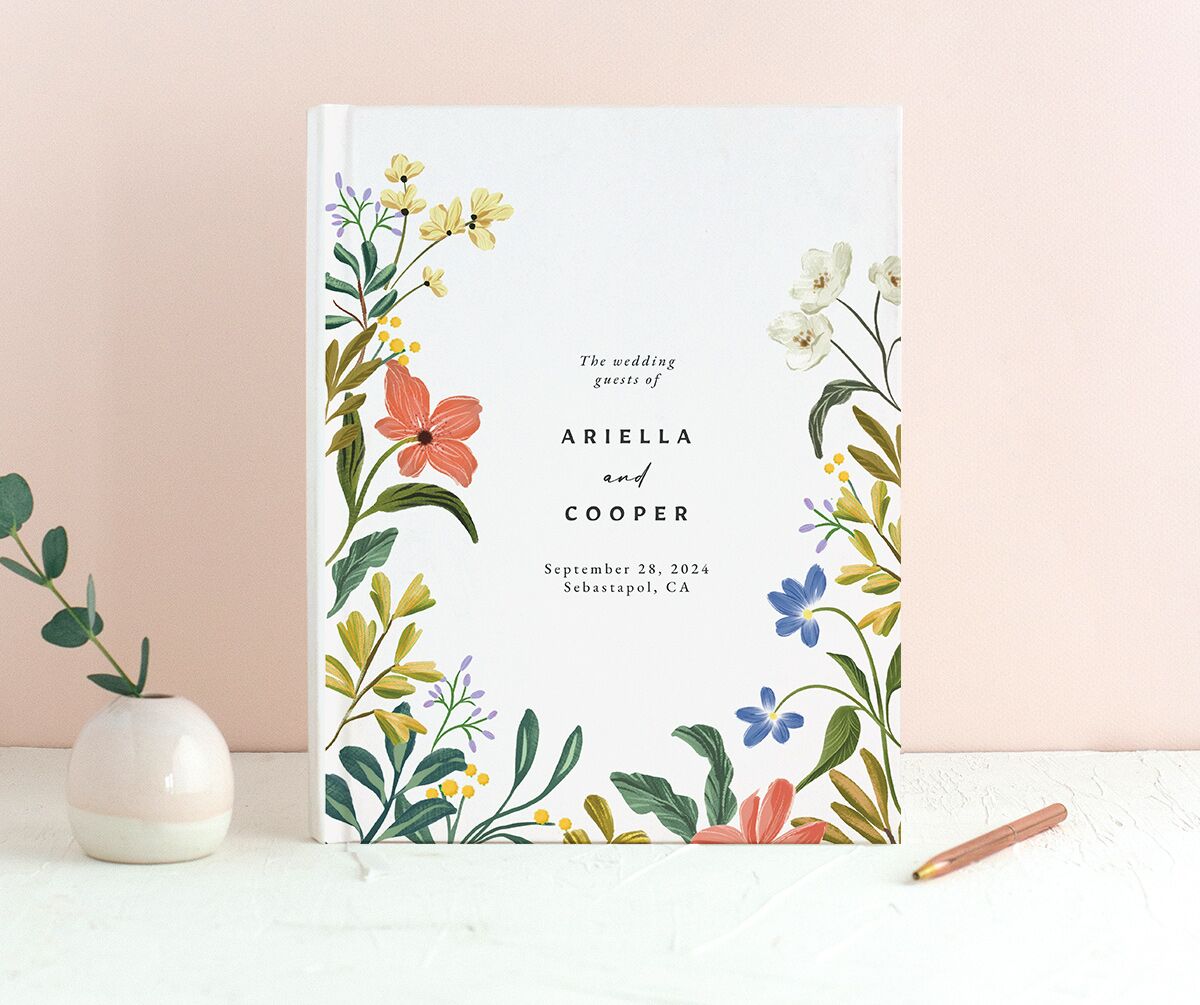 Traditional Blooms Wedding Guest Book front in Ruby