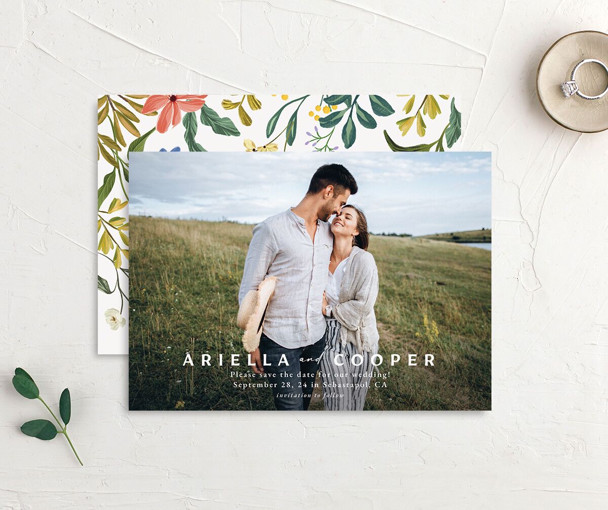 Traditional Blooms Save the Date Cards front-and-back in Ruby