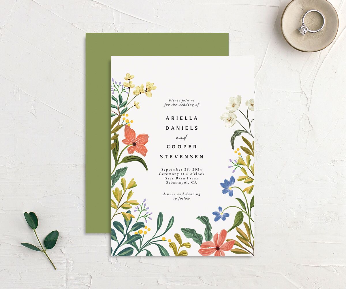 Traditional Blooms Wedding Invitations front-and-back in Ruby