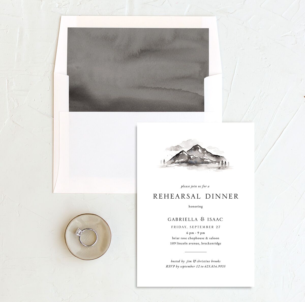 Painted Vistas Rehearsal Dinner Invitations envelope-and-liner in Grey