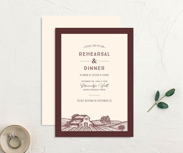 Rustic Barn Rehearsal Dinner Invitations front-and-back in Deep Claret