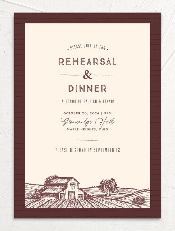 Rustic Barn Rehearsal Dinner Invitations front in Deep Claret