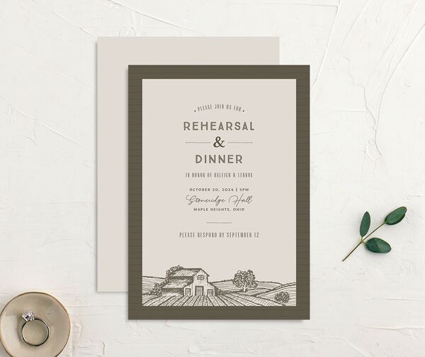 Rustic Barn Rehearsal Dinner Invitations front-and-back in Walnut