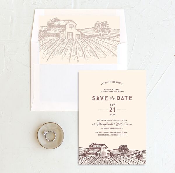 Rustic Barn Save the Date Cards envelope-and-liner in Deep Claret
