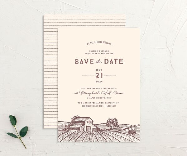 Rustic Barn Save the Date Cards front-and-back in Deep Claret