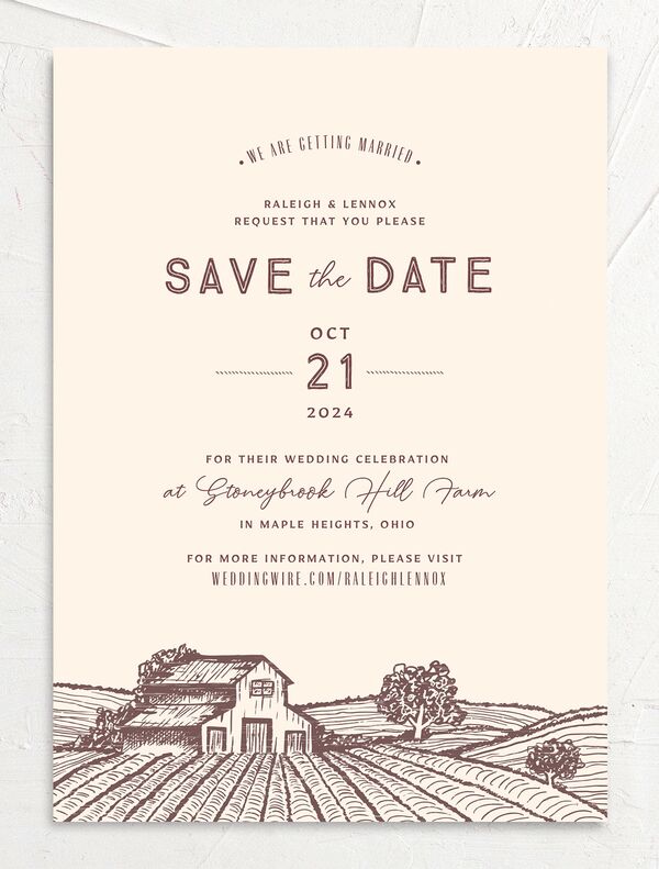 Rustic Barn Save the Date Cards front in Deep Claret