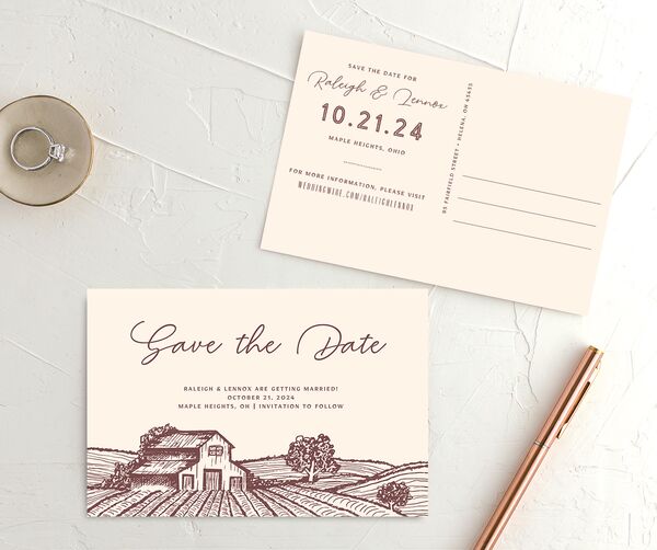 Rustic Barn Save the Date Postcards front-and-back in Deep Claret