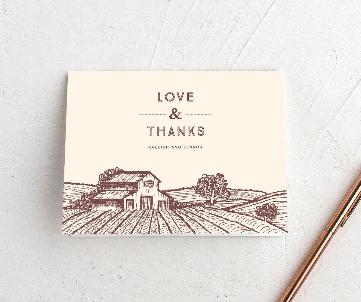 Rustic Barn Thank You Cards front in Deep Claret