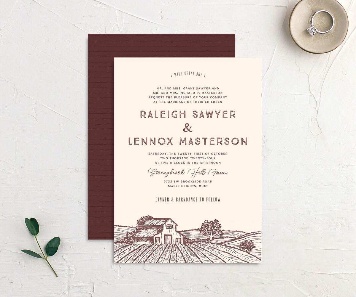Rustic Barn Wedding Invitations front-and-back in Deep Claret