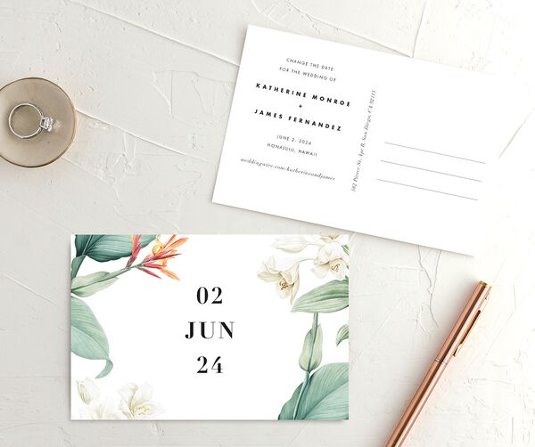Natural Blooms Change the Date Postcards front-and-back in Pure White