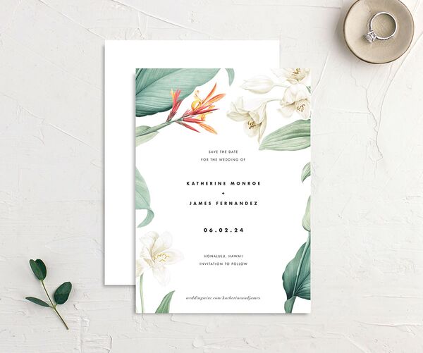 Natural Blooms Save the Date Cards front-and-back in Pure White