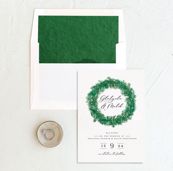 Festive Romance Save the Date Cards envelope-and-liner in Jewel Green