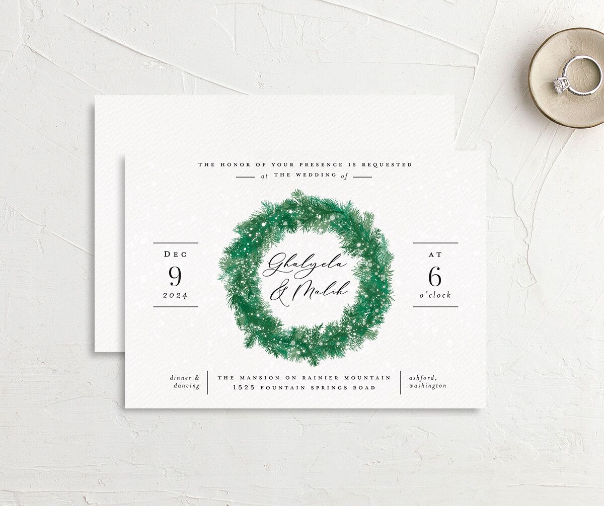 Festive Romance Wedding Invitations front-and-back in Jewel Green
