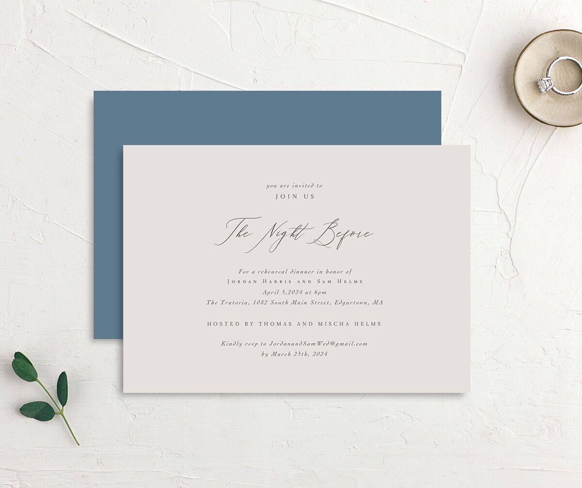 Ocean Waves Rehearsal Dinner Invitations front-and-back in Moody Blue
