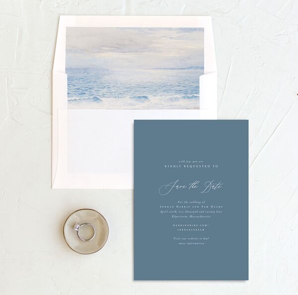 Ocean Waves Save the Date Cards envelope-and-liner in Moody Blue