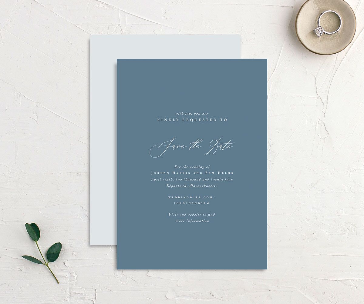 Ocean Waves Save the Date Cards front-and-back in Moody Blue