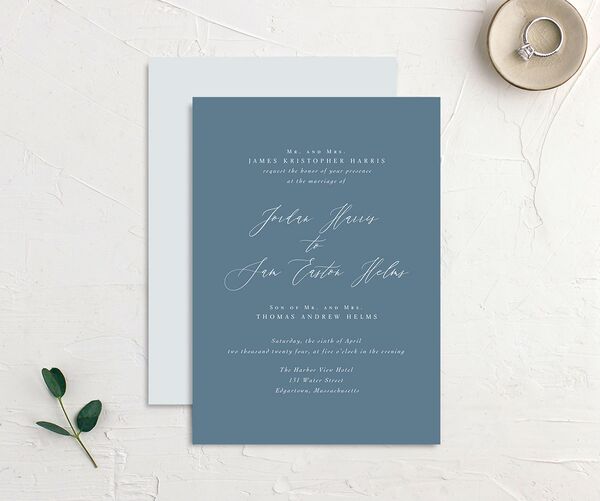 Ocean Waves Wedding Invitations front-and-back in Moody Blue