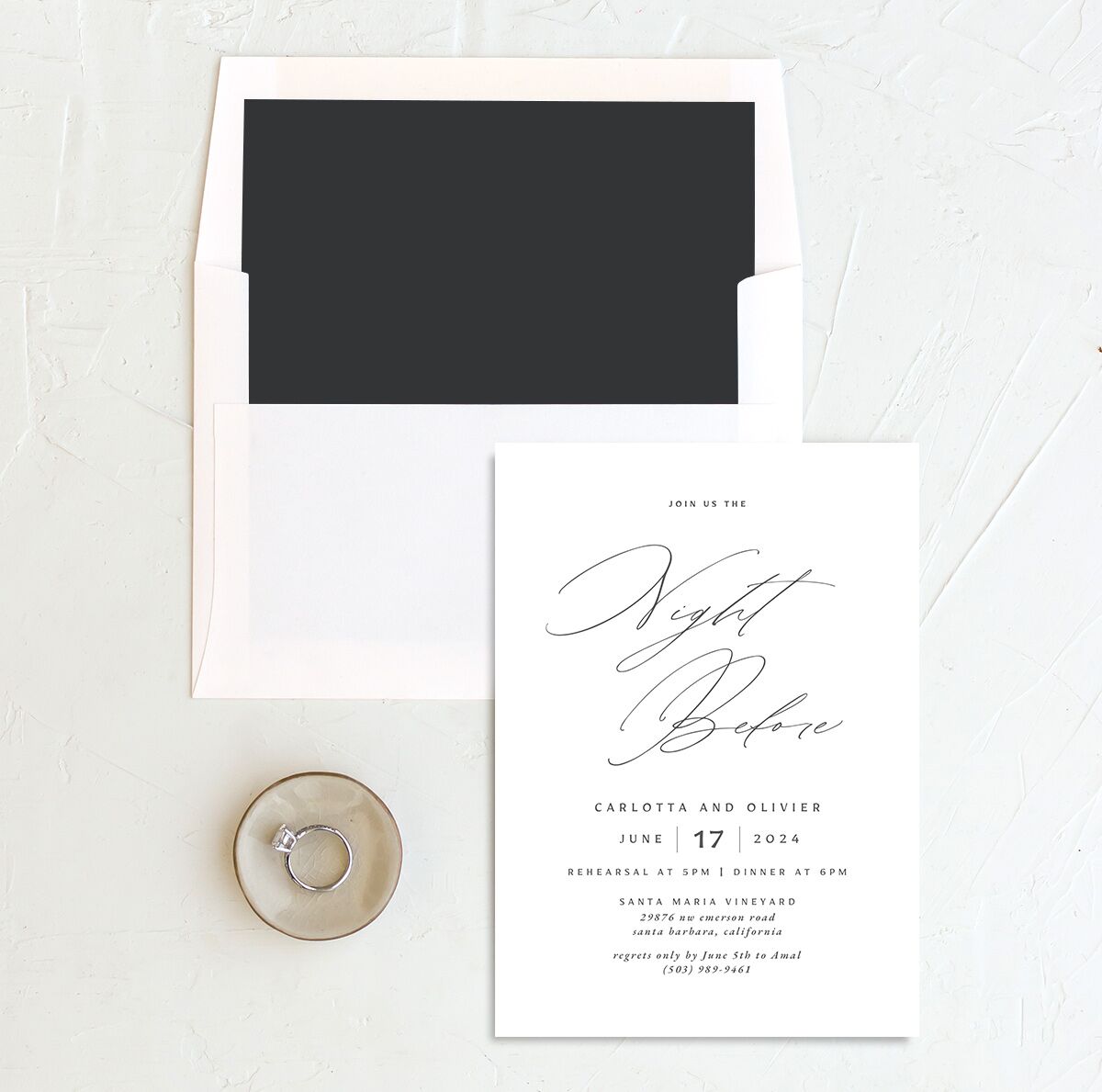 Rustic Handwriting Rehearsal Dinner Invitations envelope-and-liner in Silver