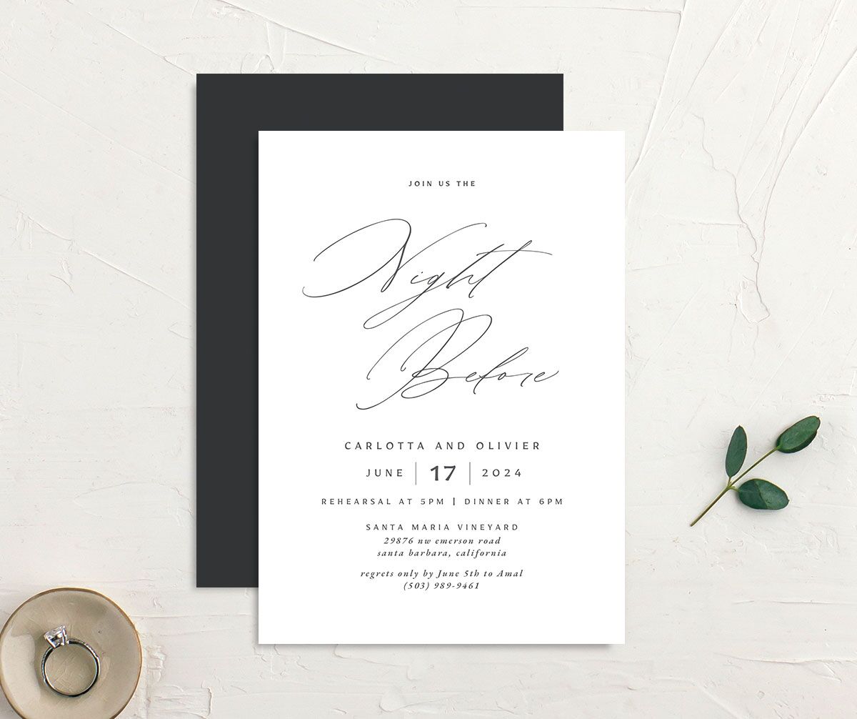 Rustic Handwriting Rehearsal Dinner Invitations front-and-back in Grey