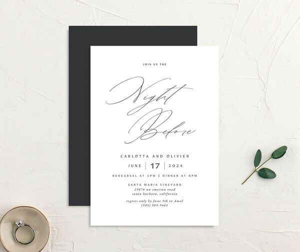 Rustic Handwriting Rehearsal Dinner Invitations front-and-back in Grey