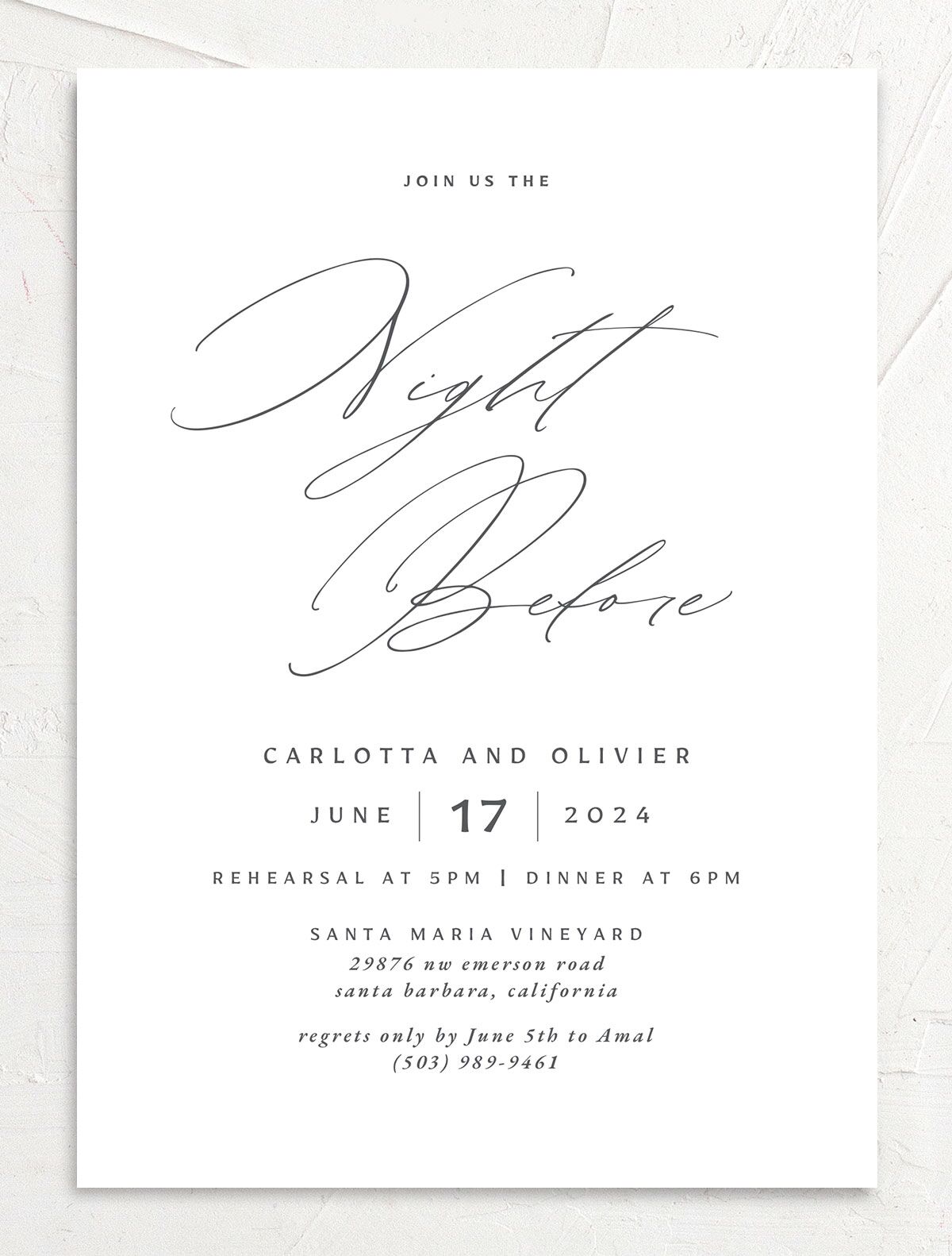 Rustic Handwriting Rehearsal Dinner Invitations front in Silver