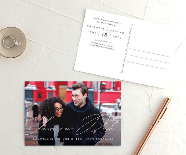 Rustic Handwriting Save the Date Postcards front-and-back in Silver