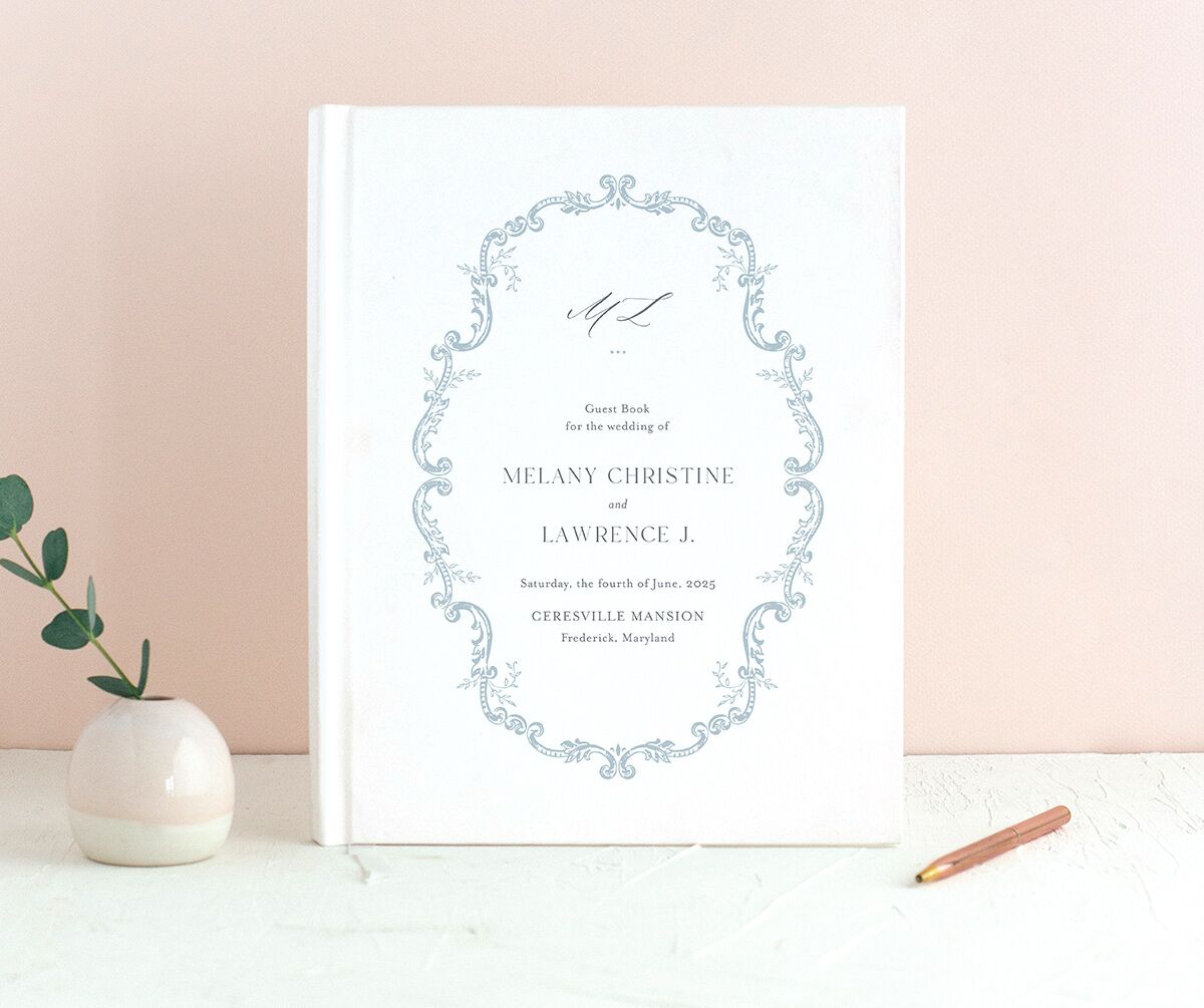 Rococo Adornment Wedding Guest Book front in French Blue