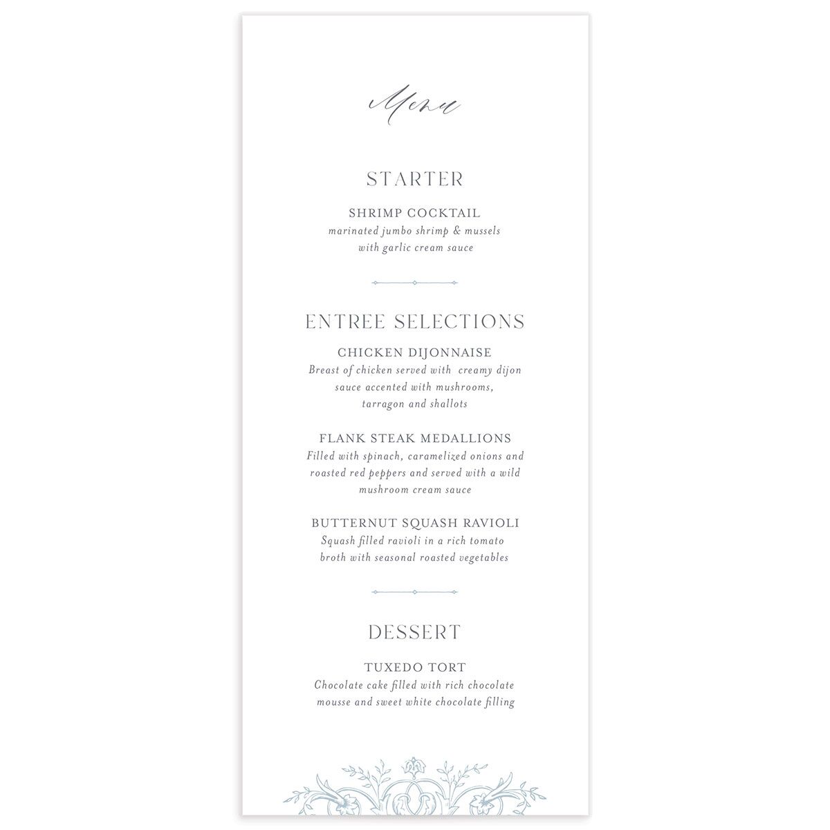 Rococo Adornment Menus front in French Blue