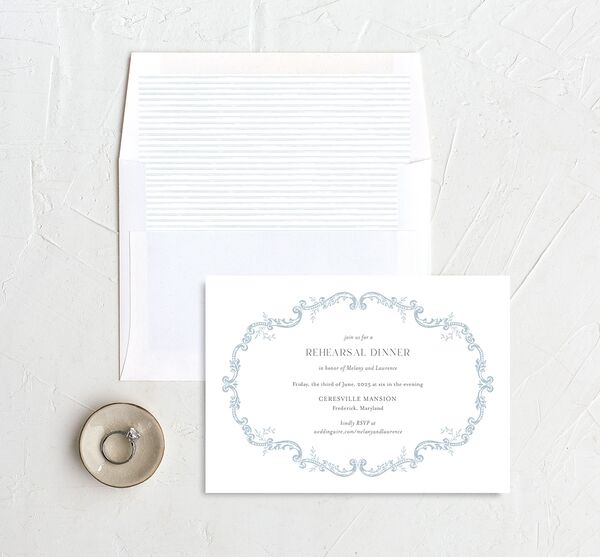 Rococo Adornment Rehearsal Dinner Invitations envelope-and-liner in French Blue