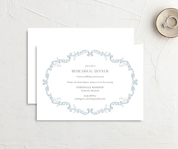 Rococo Adornment Rehearsal Dinner Invitations front-and-back in French Blue