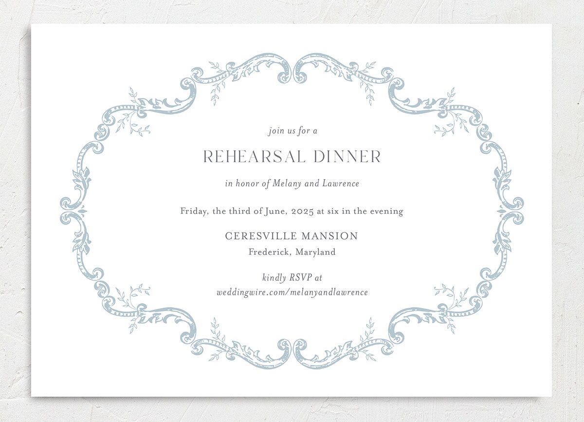 Rococo Adornment Rehearsal Dinner Invitations front in French Blue