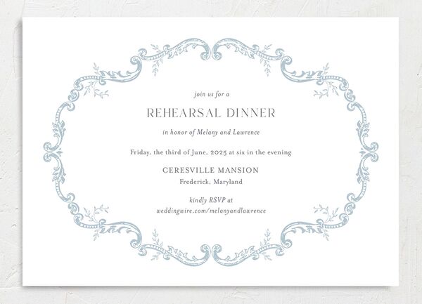 Rococo Adornment Rehearsal Dinner Invitations front in French Blue